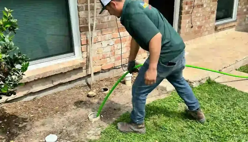 Technician clearing a drain line outside a Houston home
